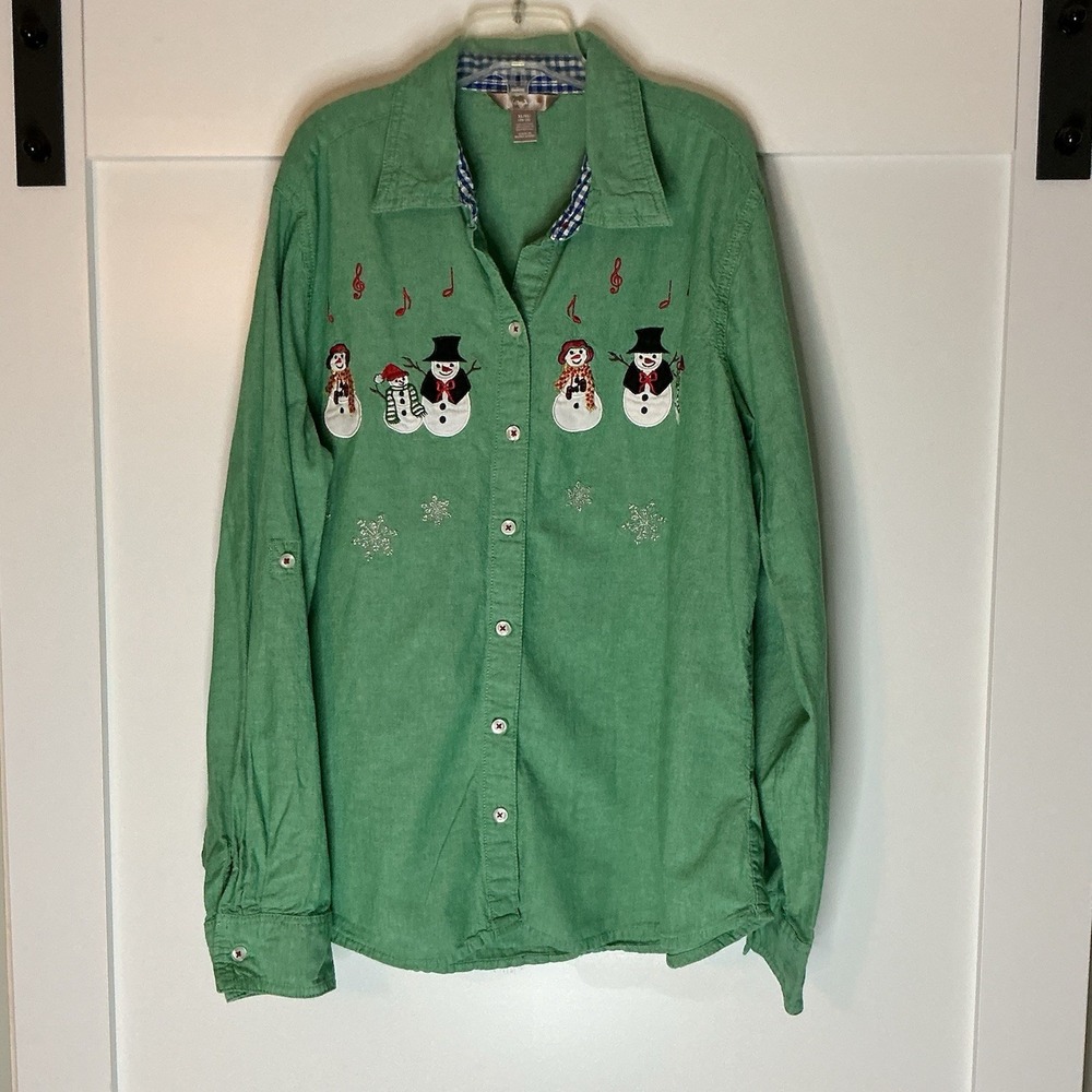 White Stag Womens Button Up Novelty Print Embroidered Christmas Top XL Snowman